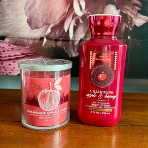 NEW 2-Pc BBW CHAMPAGNE APPLE & HONEY Single Wick Candle & Body Lotion